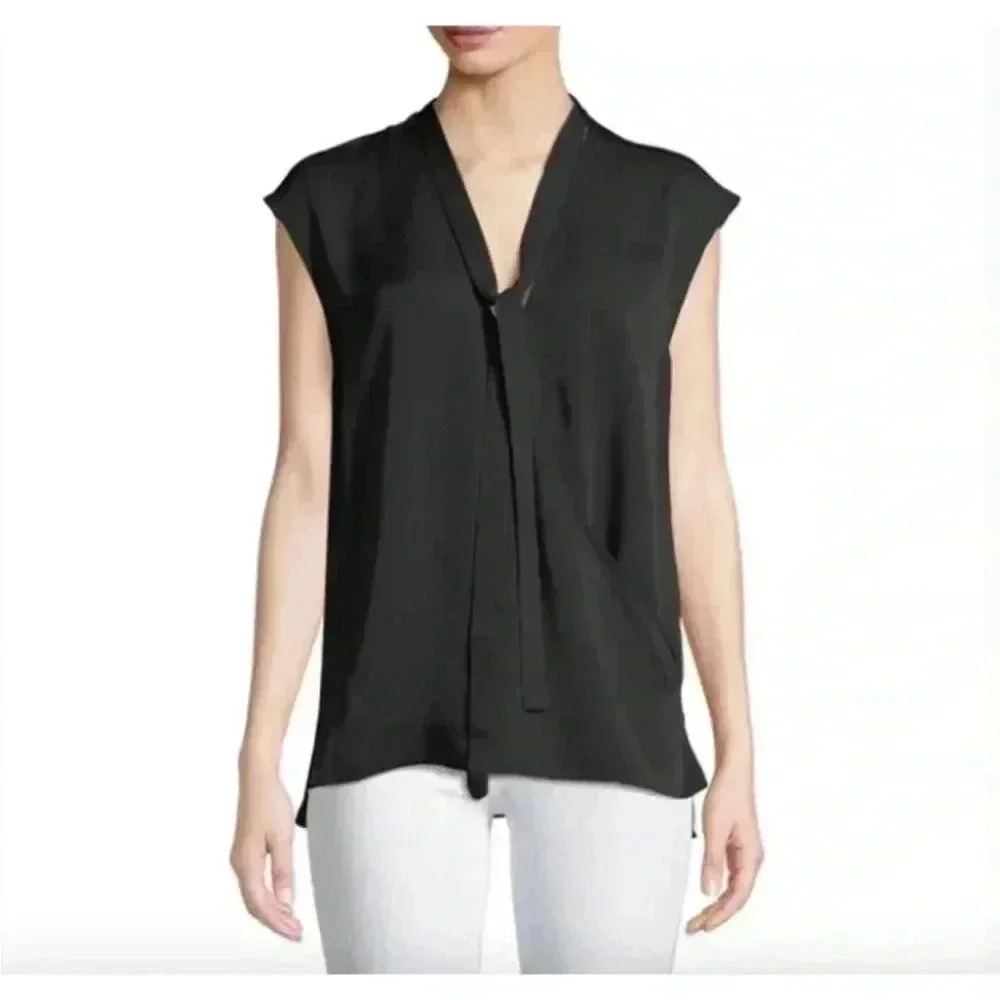 Theory Black Silk Faux Wrap Blouse Top Sleeveless Women Size S